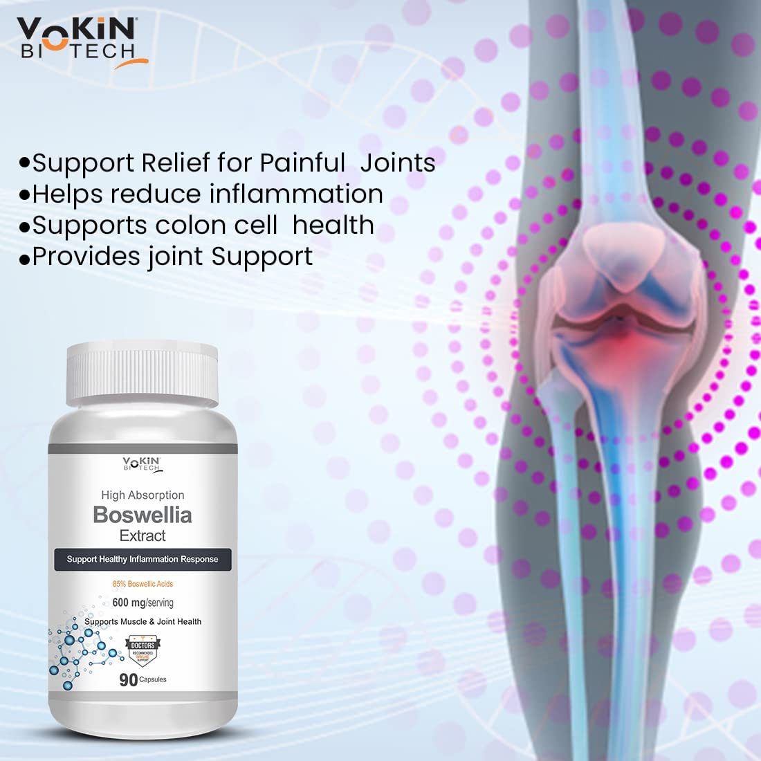Vokin Biotech Boswellia Extract supplement bottle with joint illustration on a light gray background