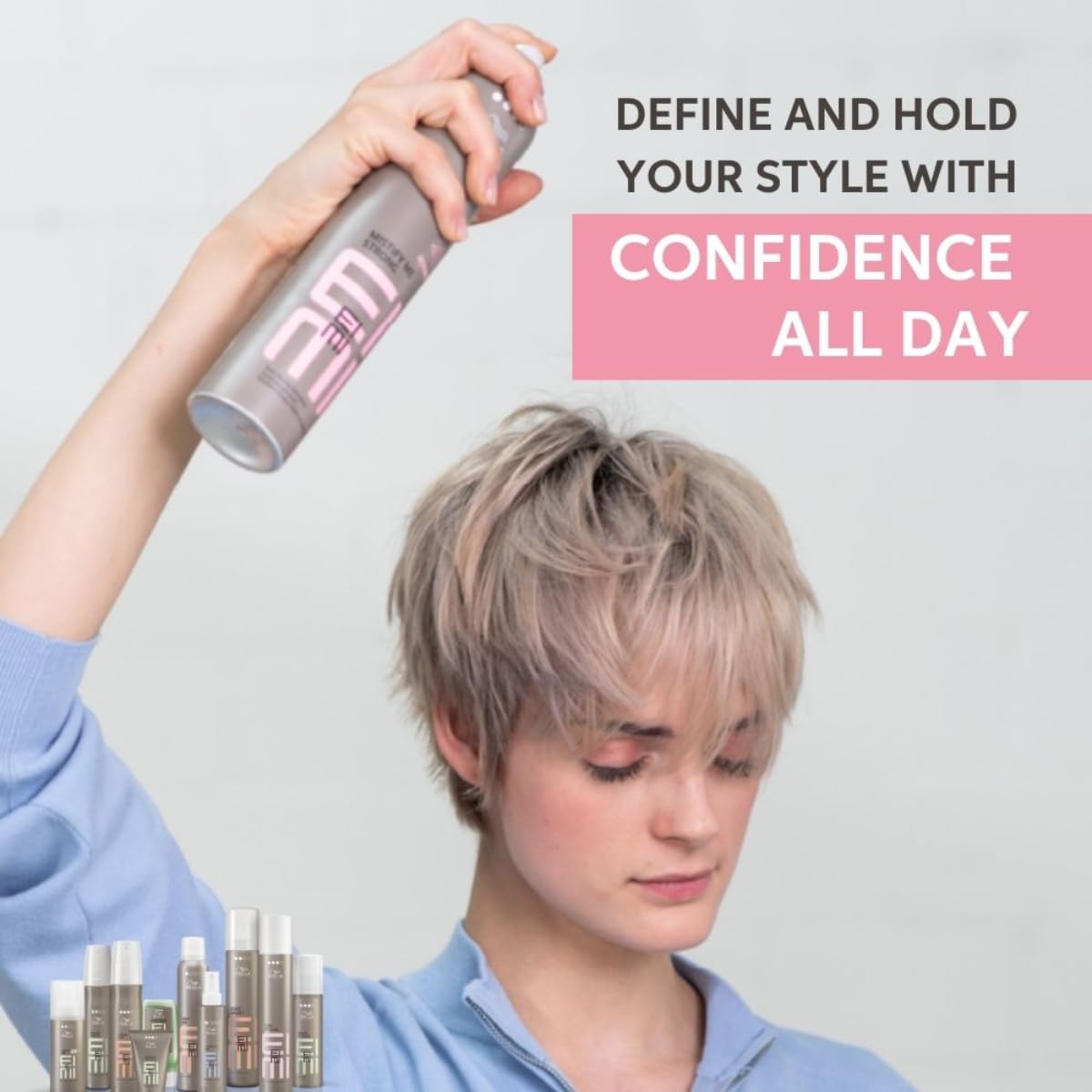 Person holding a hair spray can with text promoting confidence in styling.