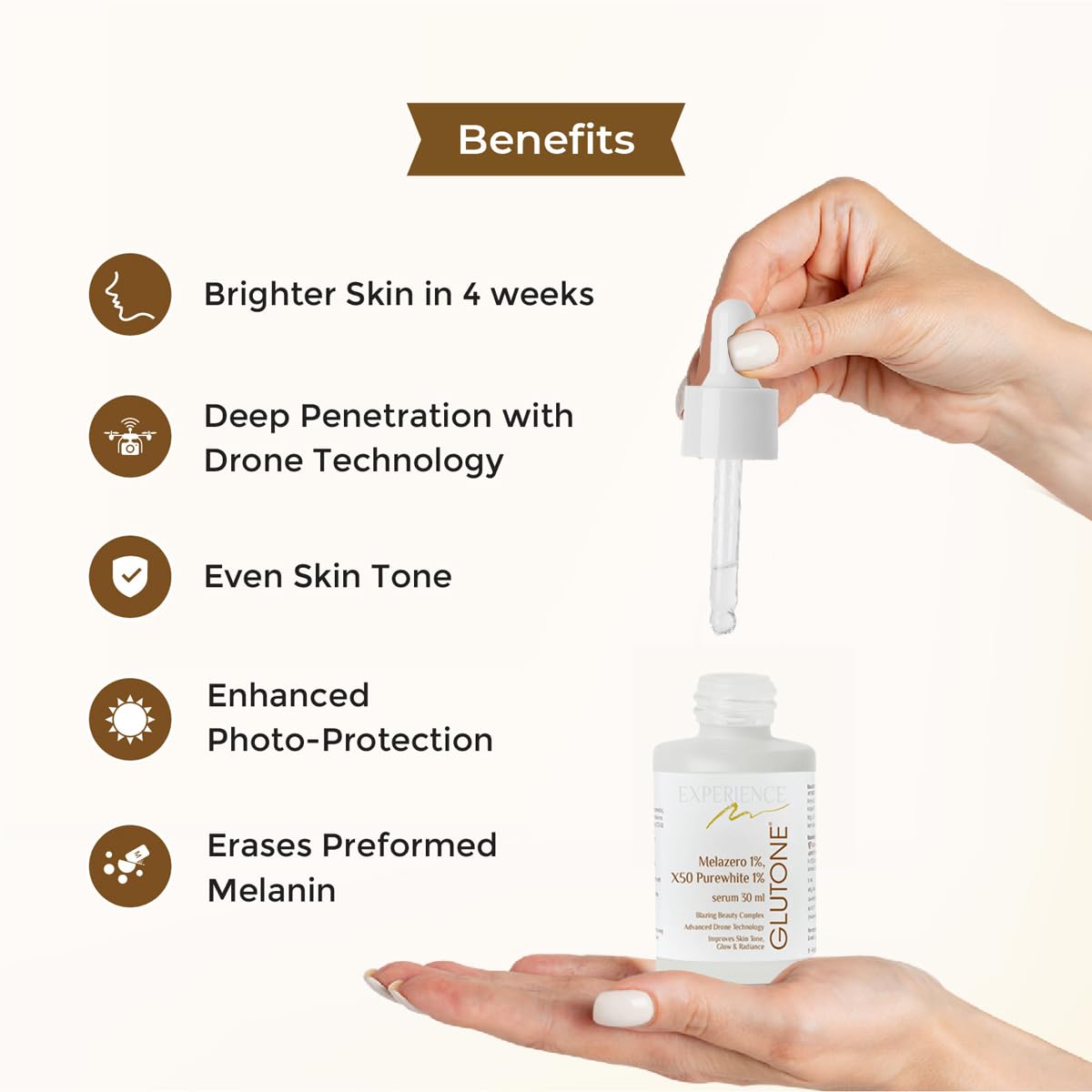 Skincare product with dropper and benefits listed on a white background