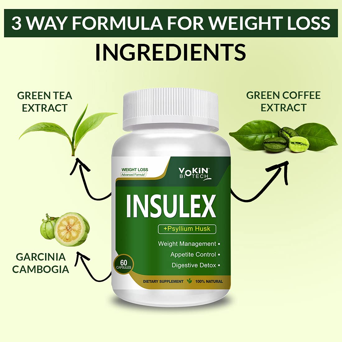 INSULEX supplement bottle with green tea, green coffee, and garcinia cambogia labels on a light green background