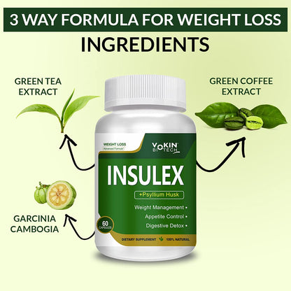 INSULEX supplement bottle with green tea, green coffee, and garcinia cambogia labels on a light green background