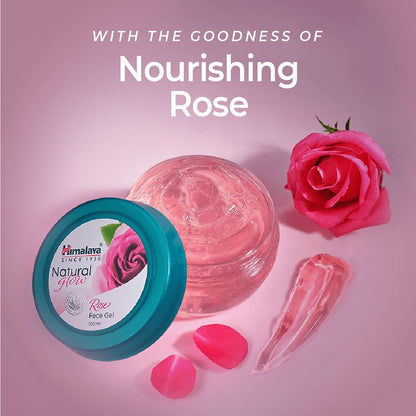 Himalaya Natural Glow Rose Face Gel with a pink rose and rose petals on a pink background