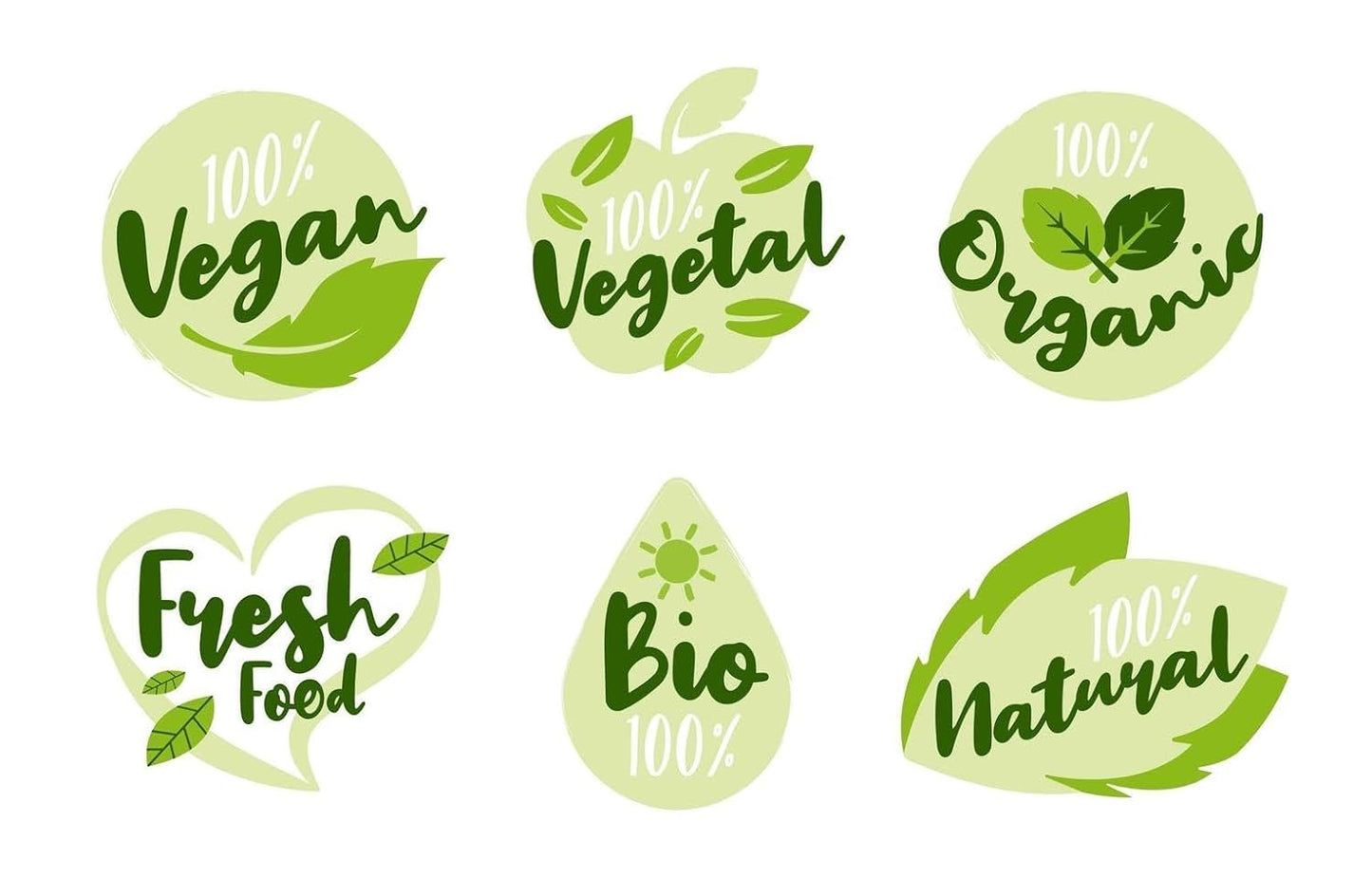 Set of green health and wellness icons with text on a white background