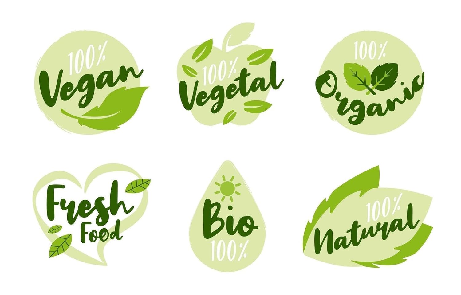 Set of green health and wellness icons with text on a white background