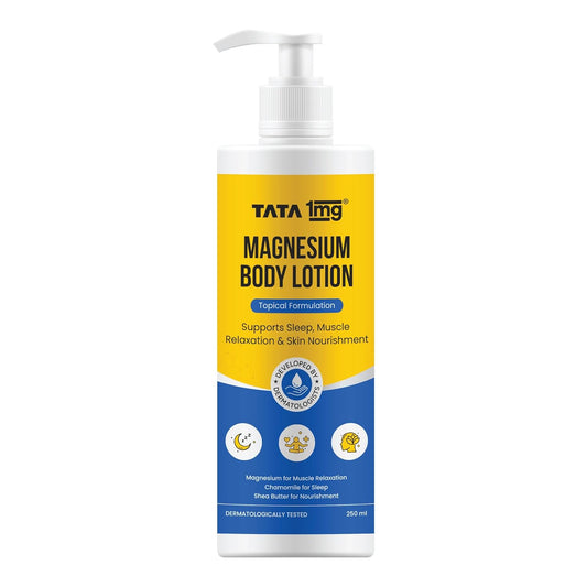 Tata 1mg Magnesium Body Lotion | Topical Body Lotion for Sleep, Muscle Relaxation & Recovery | Enriched with Chamomile, Shea Butter & Vitamin E | Dermatologically Tested | 250ml