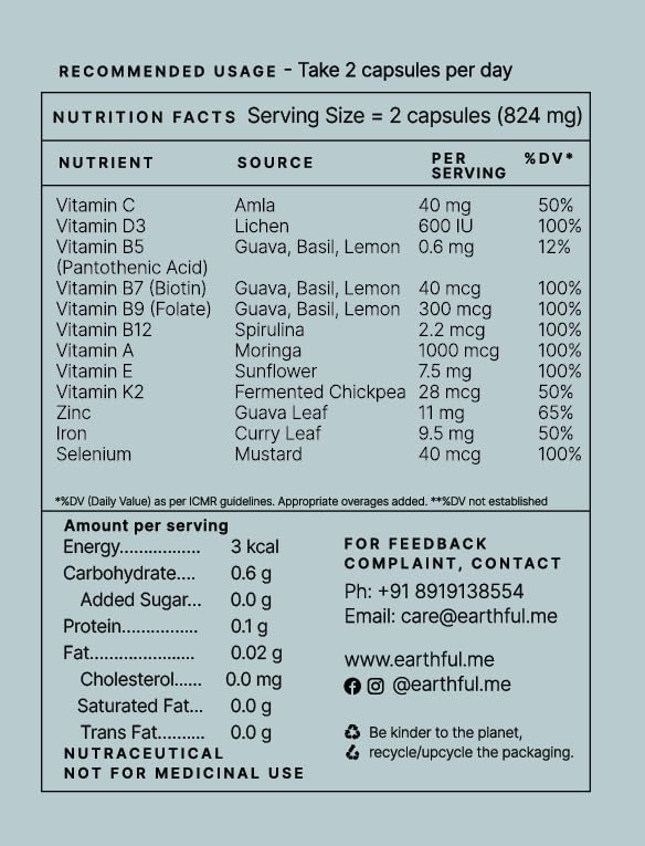 Zephivo Earthful Multivitamin for Men | 100% Plant, Non-Synthetic | With Biotin, Iron, Zinc, Vitamin A, C, D3, K2 for Immunity, Hair, Skin & Bones - 60 Capsules