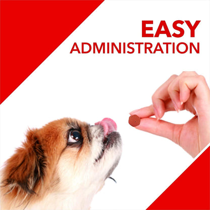 Dog being given a pill by a hand with 'EASY ADMINISTRATION' text on a red and white background