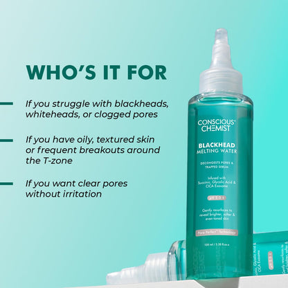 Bottle of Conscious Chemist Blackhead Melting Water with product description on a teal background