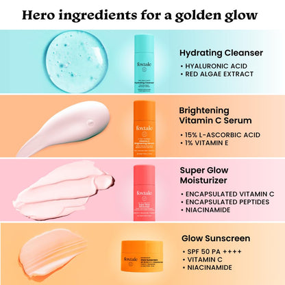 Foxtale On the Glow Travel Kit | Vitamin C, Niacinamide & Peptides | Brightening & Hydrating Skincare Set | For Glowing Skin | Travel Pouch Included | Pack of 4 | Travel & Pocket Friendly | Gift for Birthday and Anniversary