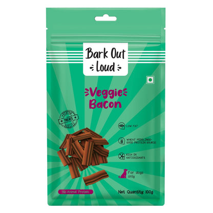 BARK OUT LOUD - Veggie Bacon, Veg/Vegan Dog Treats, Low Fat, High Protein Vegeterian Treats for Dogs 100 GMS