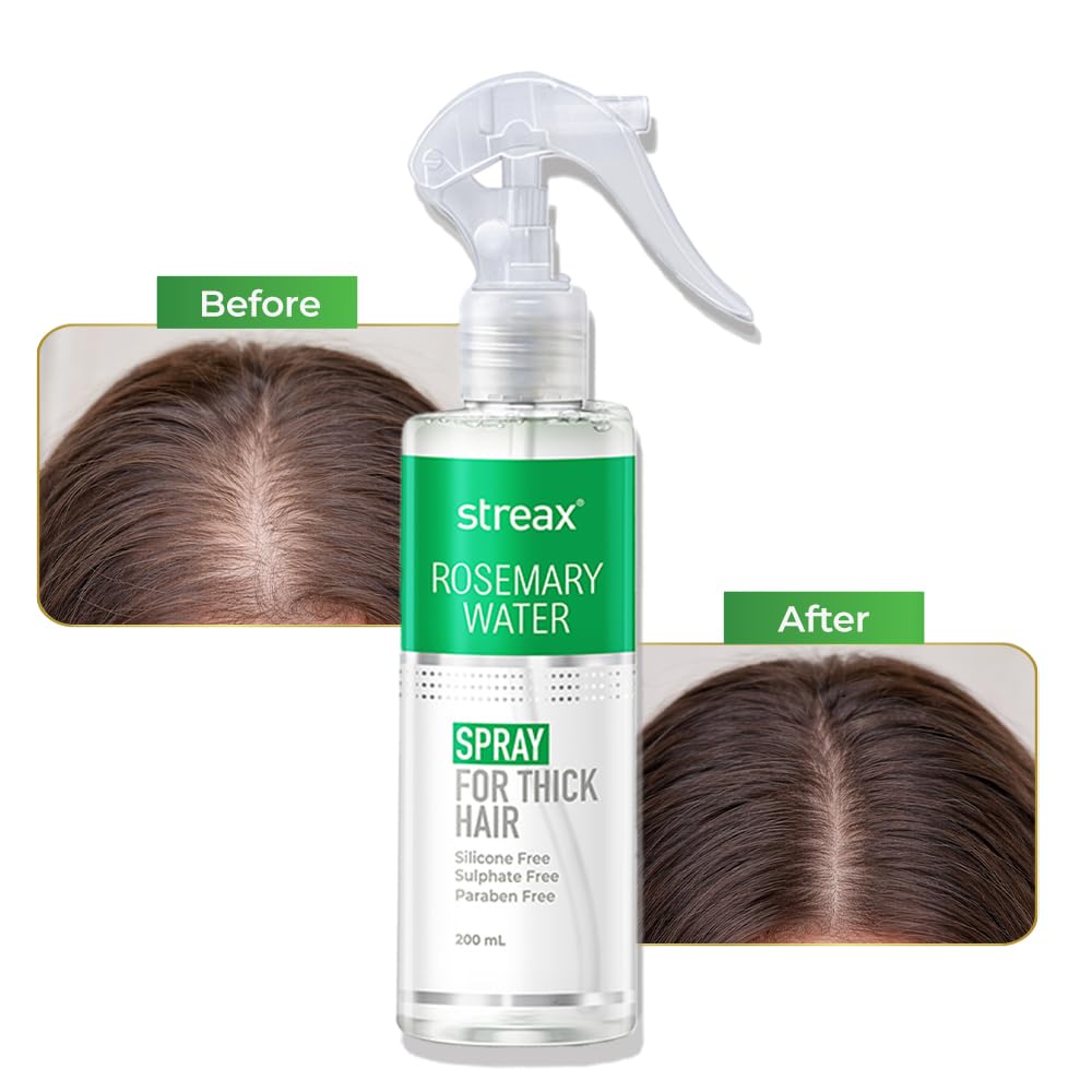 Spray bottle labeled 'streax Rosemary Water' with 'Before' and 'After' hair comparisons on a white background.