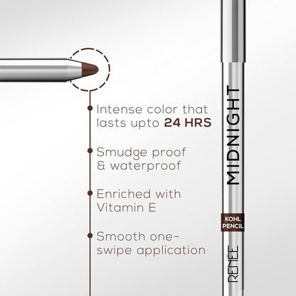 RENEE Midnight Kohl Pencil- Brown | Waterproof, Smudge-proof Kajal With Sharpener | Matte Finish, Long-lasting Upto 24 Hours | One-swipe Application With Vitamin E | 1.5 g