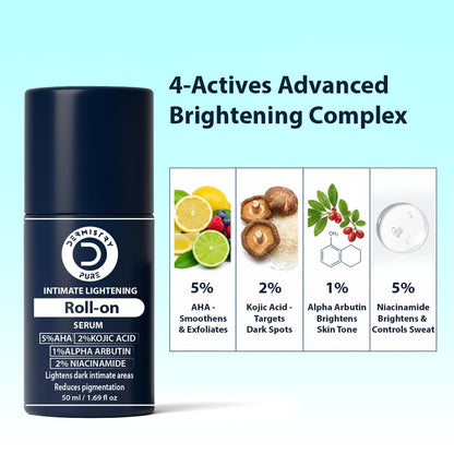 Intimate lightening roll-on serum with ingredients displayed on a light blue background