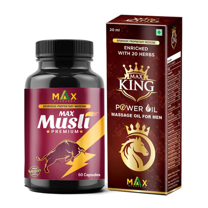 Max Ayurveda Musli Premium Capsules & King Power Ayurvedic Herbal Massage Oil For Men - Combo Pack (30 Capsules + 1 Oil Bottle)