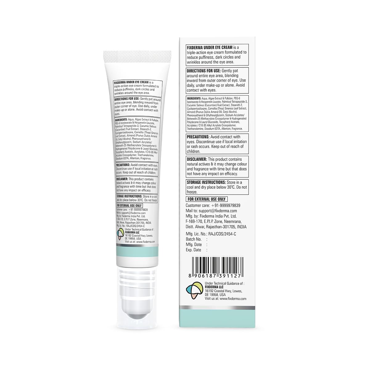 Fixderma Under Eye Cream Roll on with Peptides, Green Tea Extract & Vitamin E | Reduces Dark Circles, Puffiness, Wrinkles & Fine Lines | Triple Action | for Men & Women | 15g