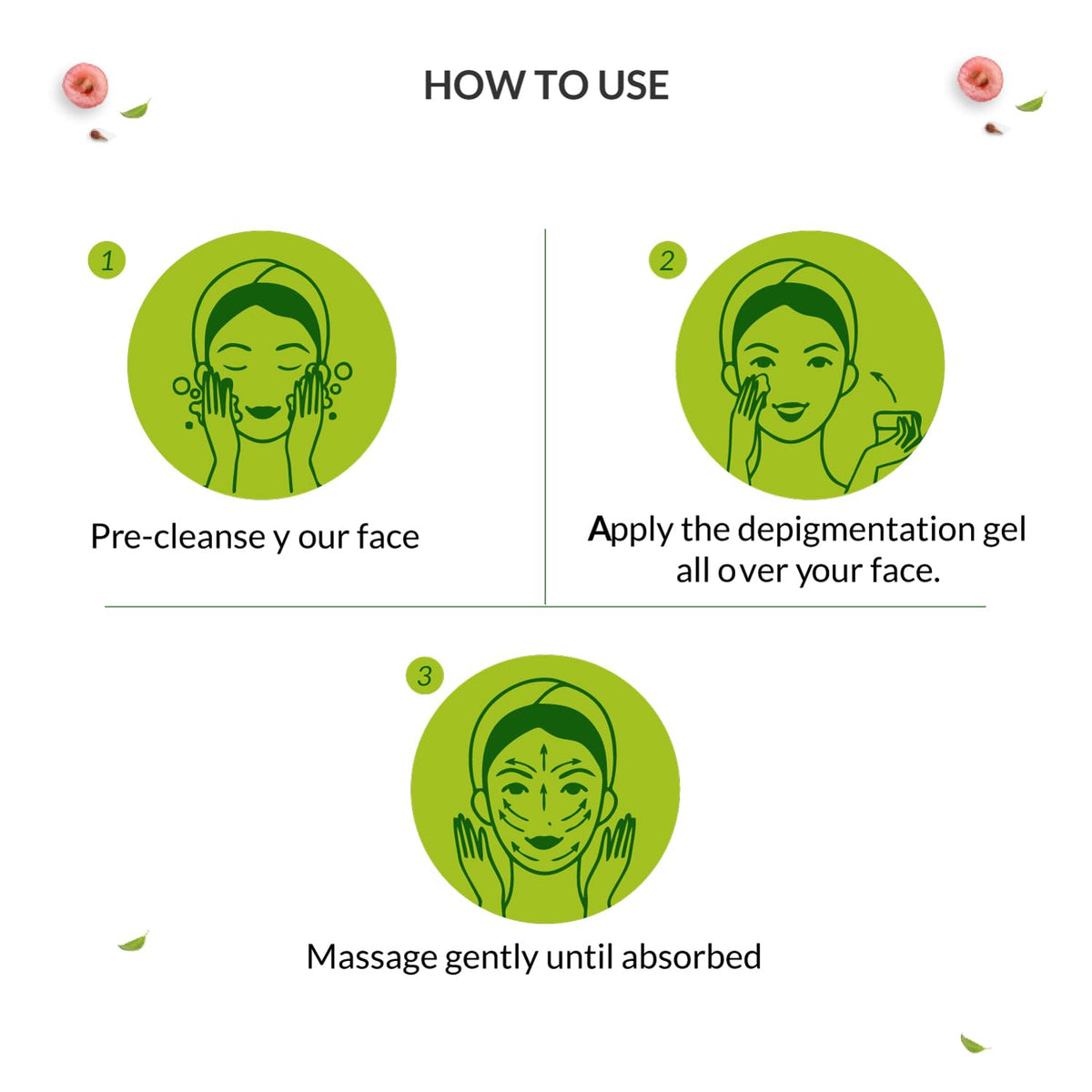 Step-by-step guide on how to use a depigmentation gel with icons and text.
