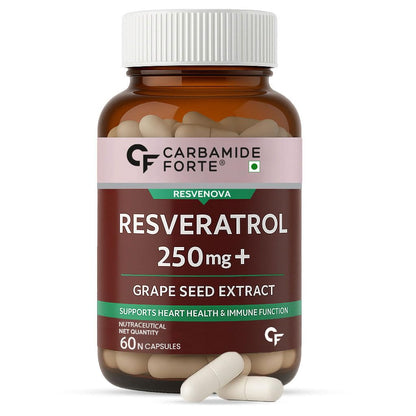 Bottle of Carbamide Forte Resveratrol 250 mg + Grape Seed Extract capsules on a white background