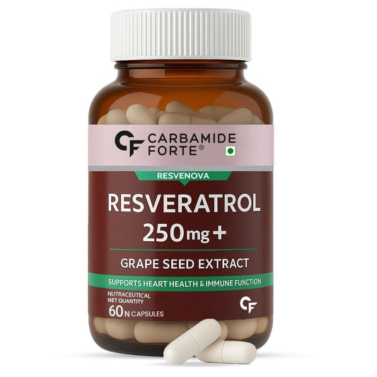 Bottle of Carbamide Forte Resveratrol 250 mg + Grape Seed Extract capsules on a white background
