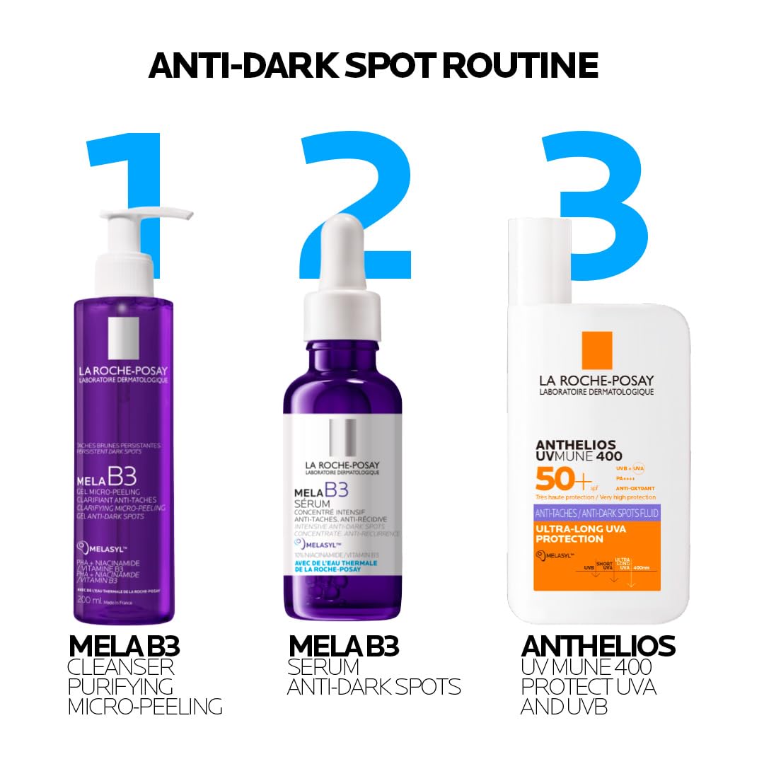 Three La Roche-Posay skincare products for an anti-dark spot routine on a white background.