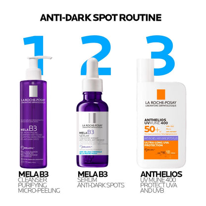 Three La Roche-Posay skincare products for an anti-dark spot routine on a white background.