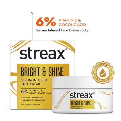 Streax Bright & Shine serum infused face crème with packaging on a white background
