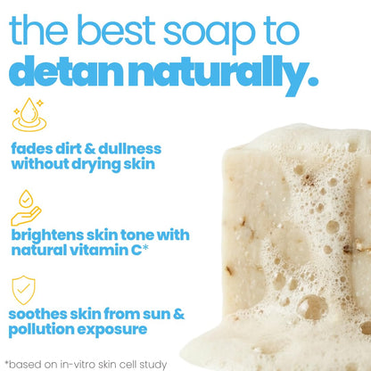 Bar of soap with text highlighting its benefits on a white background