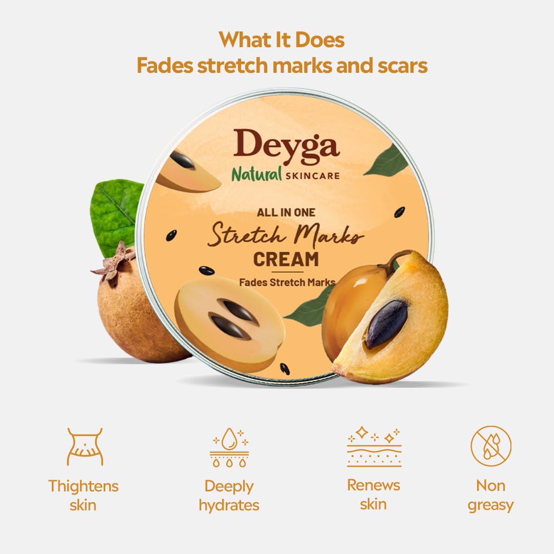 Deyga Stretch Marks Cream | Reduces Appearance of Stretch Marks | Hydrating & Nourishing | For Pregnancy, Weight Fluctuations, & Growth Spurts | 100% Natural | 100g