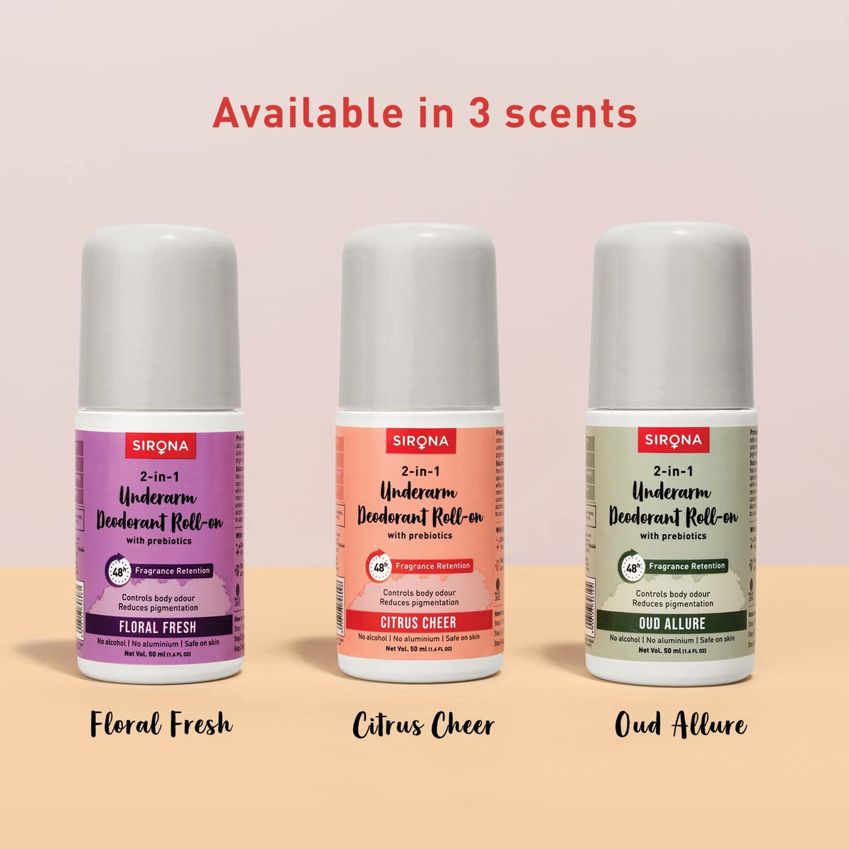 Three Sirona 2-in-1 Underarm Deodorant Roll-ons with different scents on a beige background.
