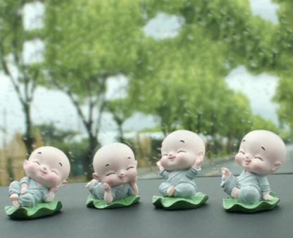 Little Baby Monk Buddha Set of 4 | Miniature Buddha Statues for Home Decor, Car Dashboard, Office & Gift | Peaceful Laughing Buddha Figurines Decorative Showpiece