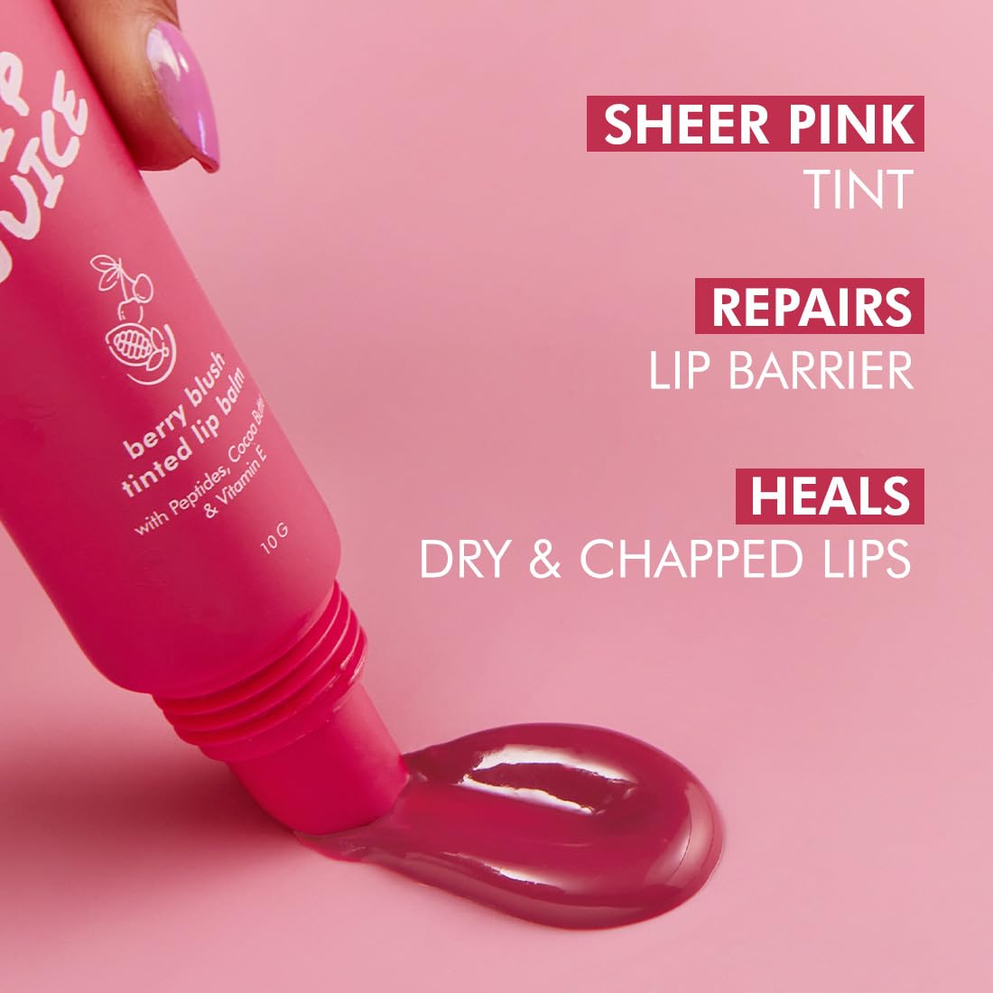 mCaffeine Lip Juice Tinted Lip Balm - Berry Blush | 24 hrs Moisturization | With Peptides, Cocoa Butter & Vitamin E | Heals Dry & Chapped Lips | Lip Balm For Women | Sheer Pink Tint - 10g