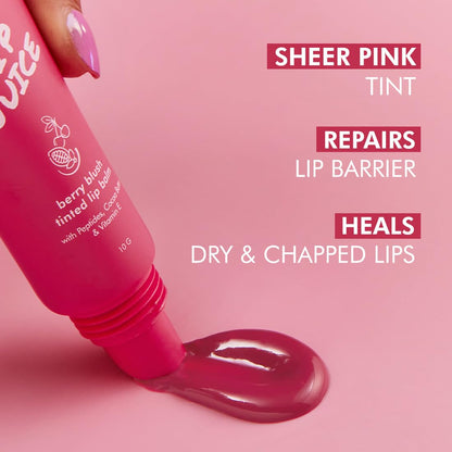 mCaffeine Lip Juice Tinted Lip Balm - Berry Blush | 24 hrs Moisturization | With Peptides, Cocoa Butter & Vitamin E | Heals Dry & Chapped Lips | Lip Balm For Women | Sheer Pink Tint - 10g