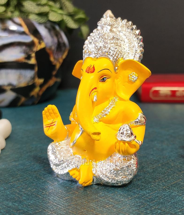 Gold Art India 999 Silver Plated Ganesh Idol for Car Dashboard God Ganesha Idol for Home Decor Ganpati for Gift Office Table Shelves Gifting Idol 3.5 inches Silver Mango, Idol