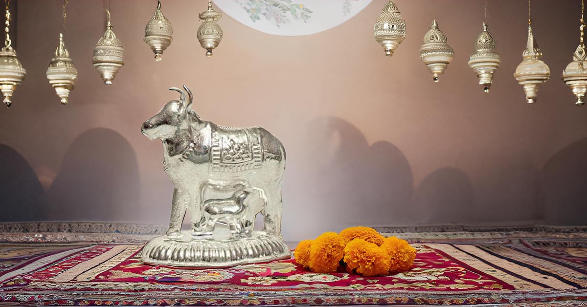 Vail Creation German Silver Kamdhenu Cow and Calf Idol Decoration for Pooja Room Gift Worship Office Home Decor Items | Silver Cow and Calf Statue