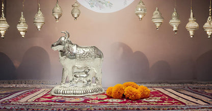 Vail Creation German Silver Kamdhenu Cow and Calf Idol Decoration for Pooja Room Gift Worship Office Home Decor Items | Silver Cow and Calf Statue