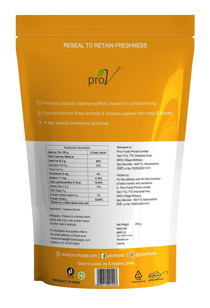 ProV Premium Whole Natural Cashews | 250g | Rich in Protein & Healthy Fats | Cholesterol Free | Crunchy Kaju Snack