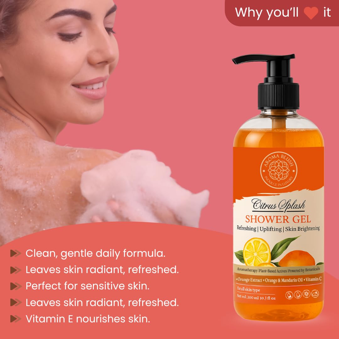 Woman with soap suds and Citrus Splash Shower Gel bottle on a pink background