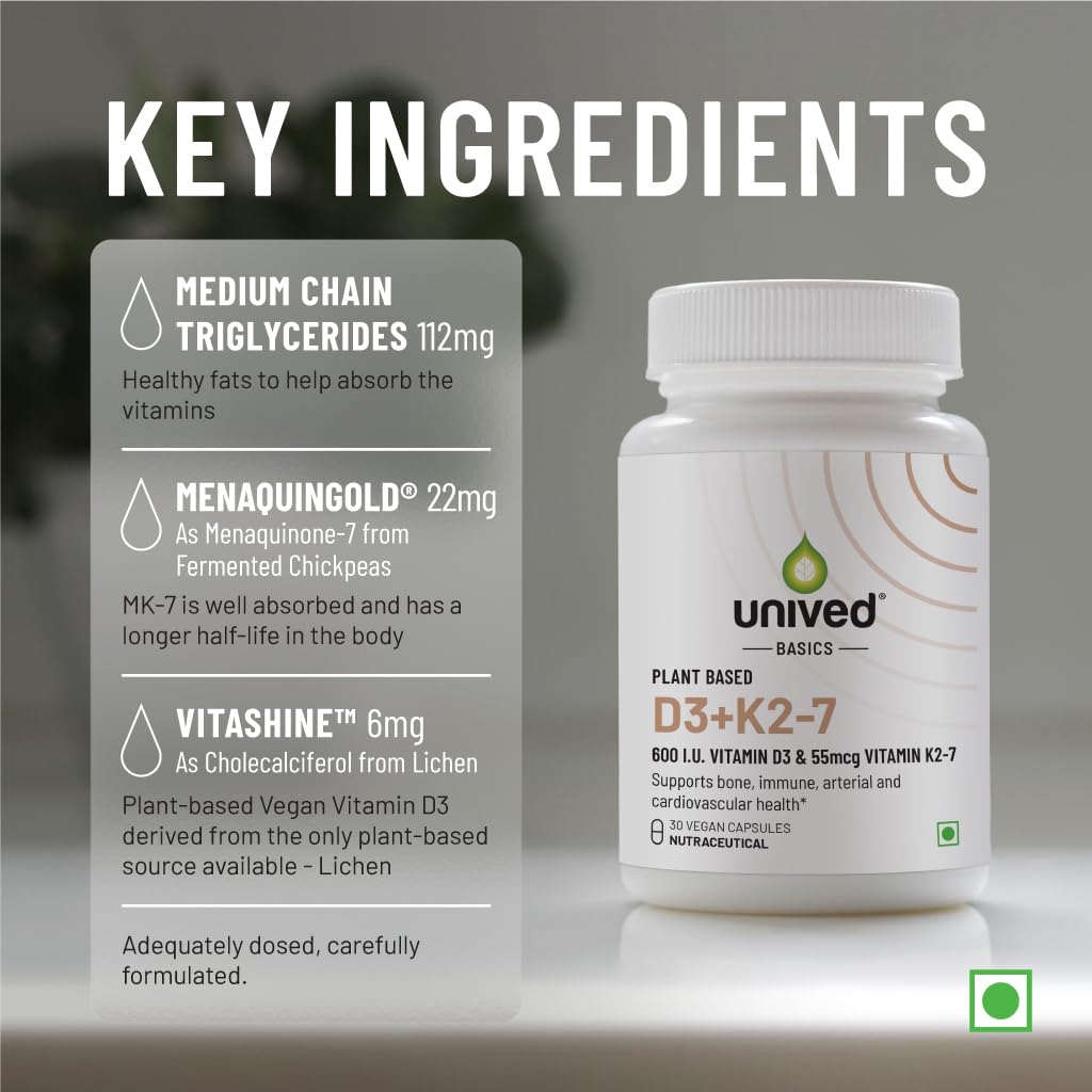 Zephivo Unived Basics D3+K2 (MK-7) | Vegan Vitamin D3 600 IU & Vitamin K2-7 (MenaquinGold) 55mcg | Immunity, Heart, Muscle, & Bone Health | Plant-Based & Natural | 30 Vegan Capsules
