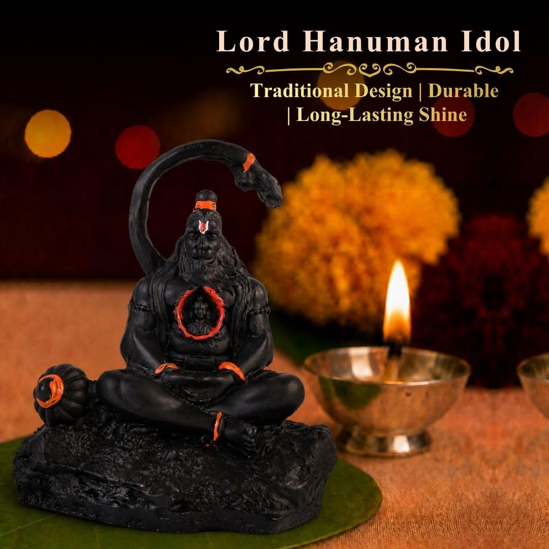 3.5 Inch Meditating Lord Hanuman Idol | Black Finish Bajrangbali Murti with Ram in Heart Design, Gada & Mountain Base for Home Temple, Mandir, Office Desk & Car Dashboard