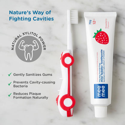 Mee Mee Kids Toothbrush & Toothpaste Combo | For Babies & Toddlers (6 Months–3 Years) | Fluoride-Free, Safe to Swallow, Strawberry Flavour, Soft Bristles, Foldable Car-Shaped Brush (Red)