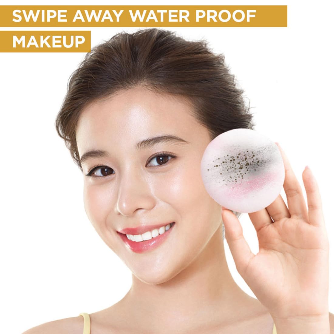Woman holding a makeup removal pad with text 'Swipe Away Waterproof Makeup' on a white background