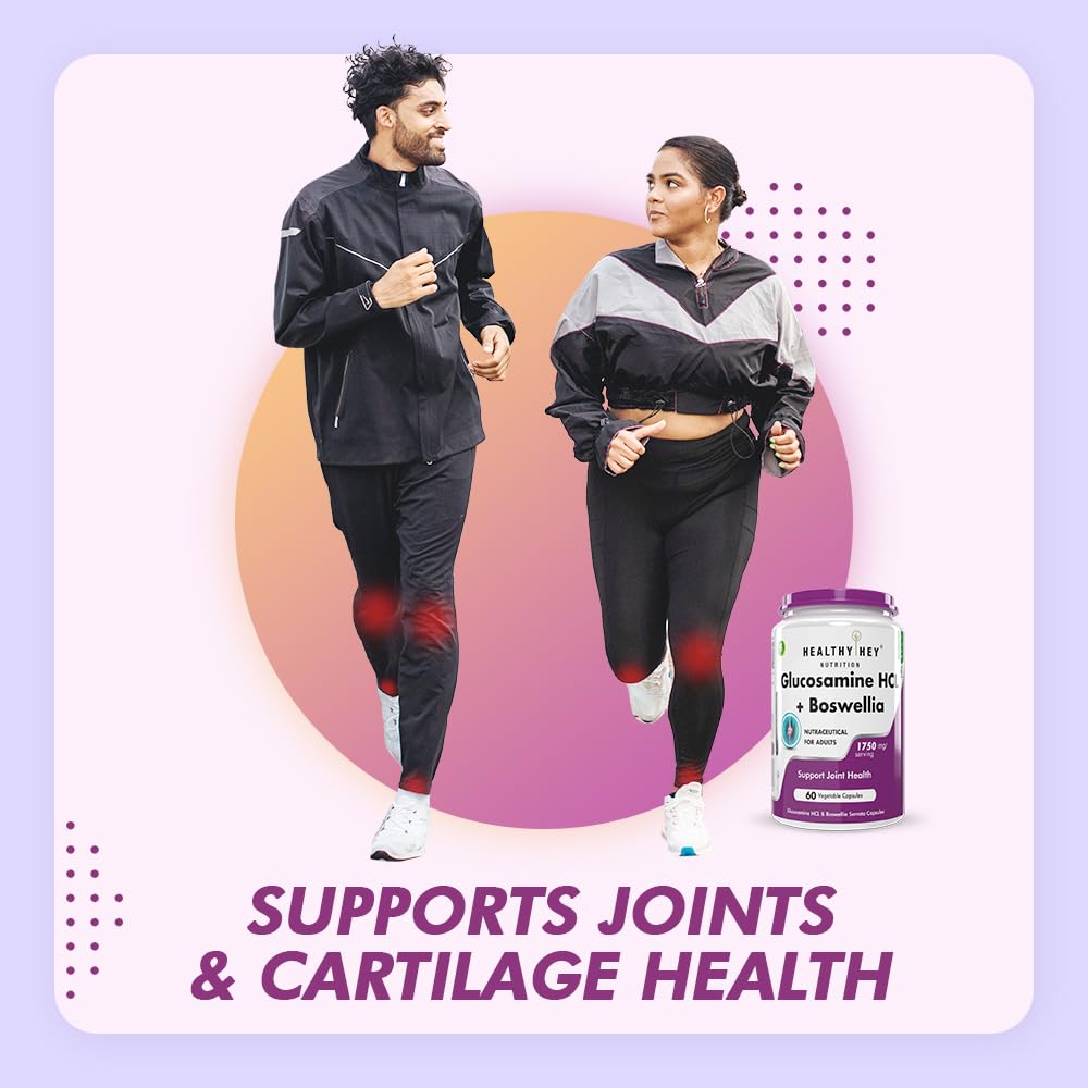 Two people exercising with a supplement bottle labeled 'Supports Joints & Cartilage Health' on a gradient background.