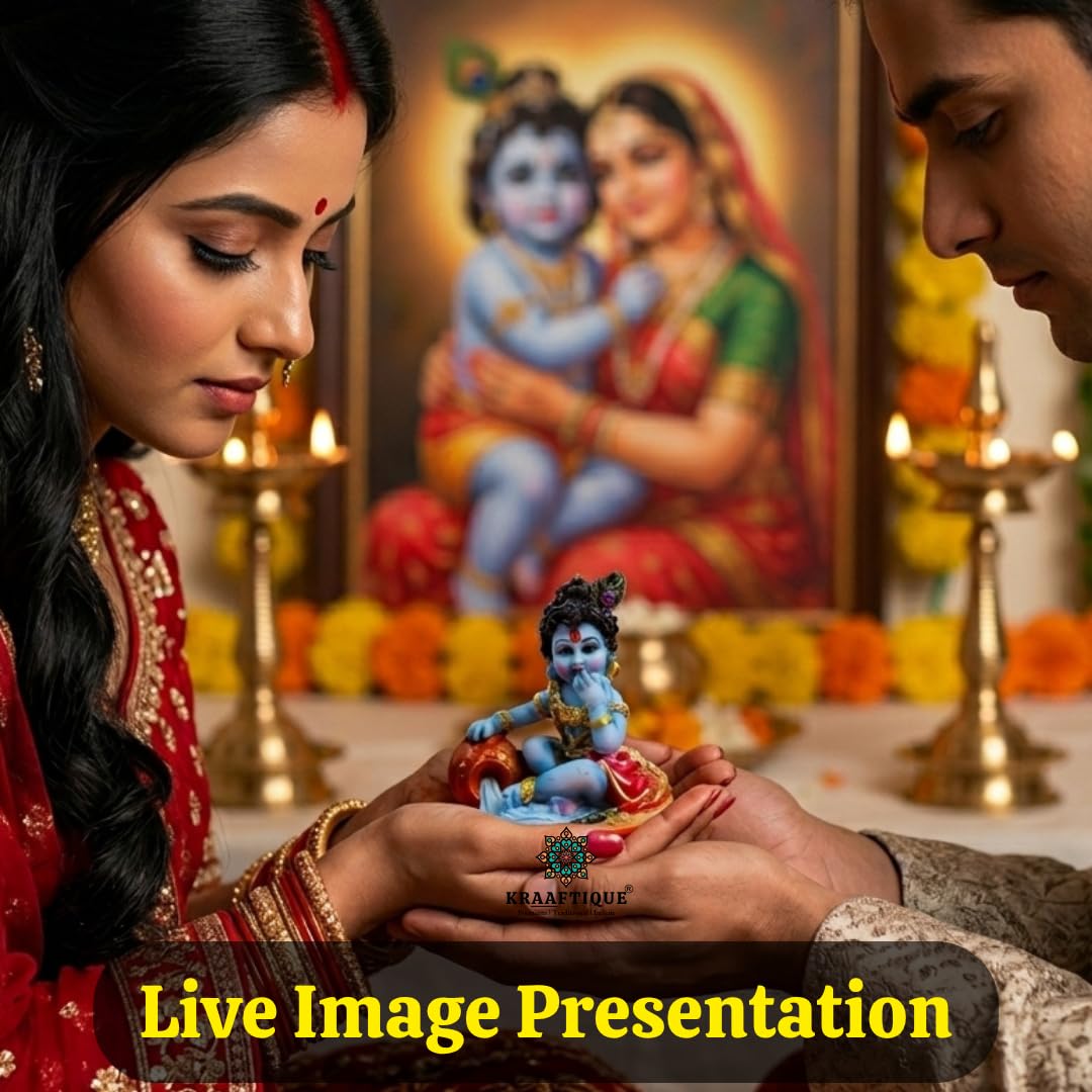 Bal Krishna Makhan Chor Idol 4 Inch | Kanha Ji Murti Marble Dust Statue | Bal Gopal Thakur Ji for Home Temple, Pooja Mandir Decor | Janmashtami Gift & Housewarming Decoration