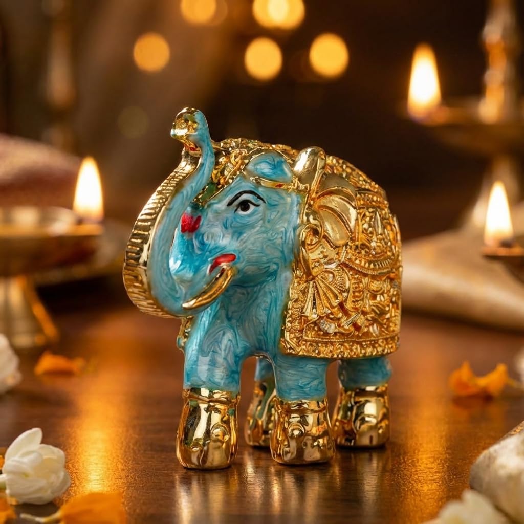 Gold Plated Trunk Up Elephant Idol Showpiece for Vastu, Prosperity, Good Luck, Gifting for House Warming and Home Decor(1, Blue)