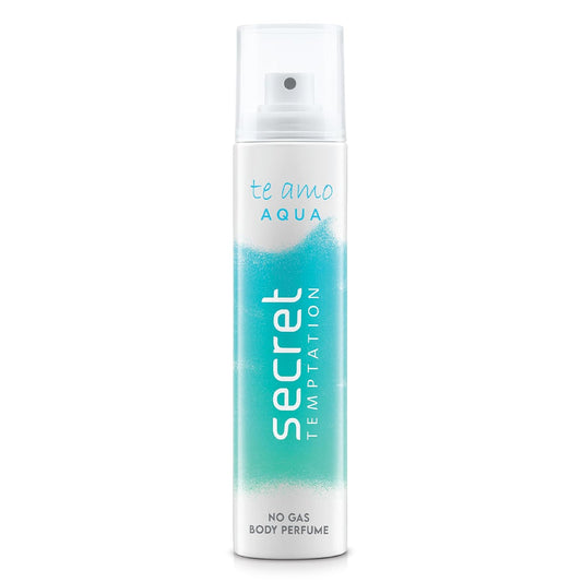 Secret Temptation Aqua body perfume spray bottle on a white background
