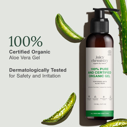 Juicy Chemistry Organic Aloe Vera Gel, 110 ml Multipurpose Gel | 100% Pure Aloe Vera Gel for Face, Hair & Body | Fresh and Soothing | Free from Parabens, Sulphates, Mineral Oils | For Men & Women
