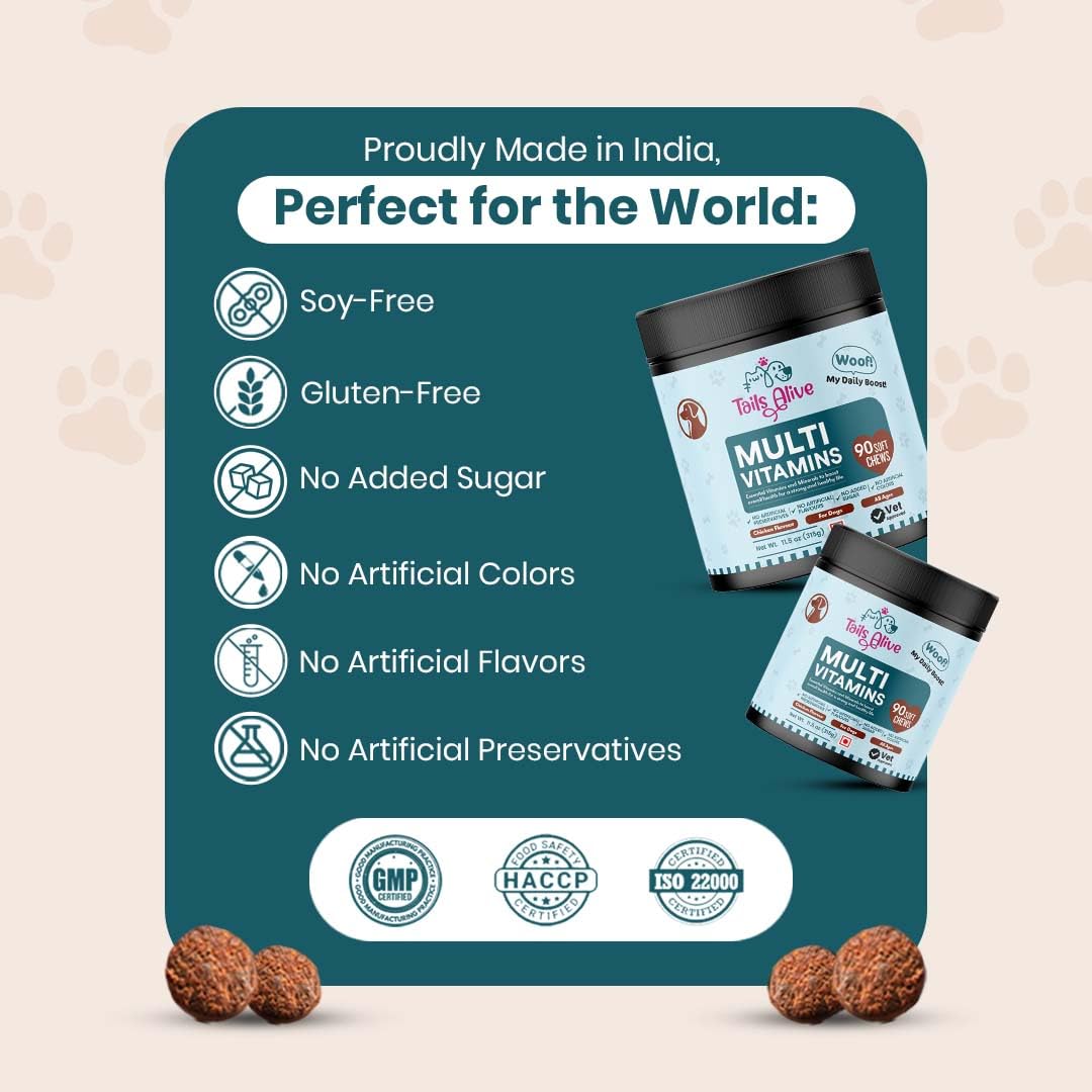 TailsAlive 15-in-1 Multivitamin Soft Chew Supplements for Dogs | Daily Vitamins & Minerals for Immunity, Energy & Growth | Cold-Pressed, Vet Approved | Chicken Flavour | For All Breeds - 90 Soft Chews