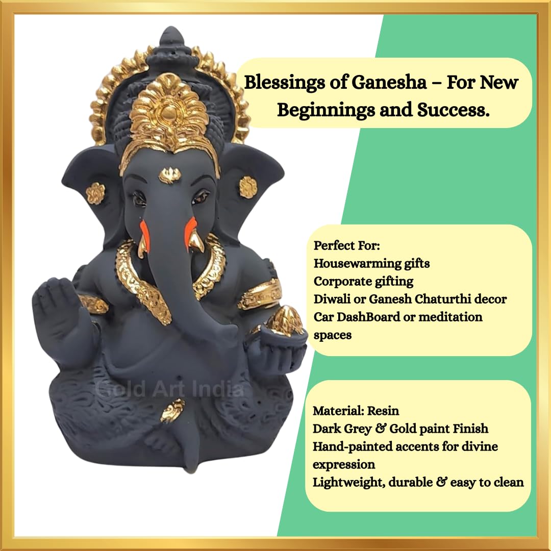 Gold Art India Dark Grey Ganesha Idol Ganesh for Car Dashboard Statue Ganpati Vinayaka Vinayagar Figurine Diwali Gifts Home Decor Luck, Success