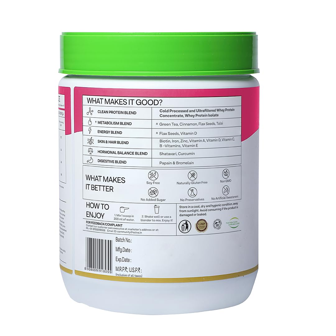 OZiva Protein & Herbs for Women (Vanilla Almond) I Manage Weight, Energy & Metabolism | Clean Protein, Shatavari, Green Tea I No Added Sugar, 1lbs (453gm)