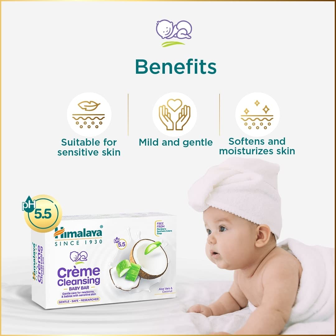 Himalaya Creme Cleansing Baby Bar 125G| pH 5.5|with Coconut milk Protein and Aloe vera|Soap Free | For New borns | For Baby's sensitive skin| No Parabens|No Synthetic Colors