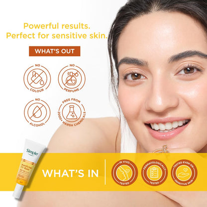 Advertisement for a skincare product with a woman's face and product packaging, highlighting ingredients and benefits.